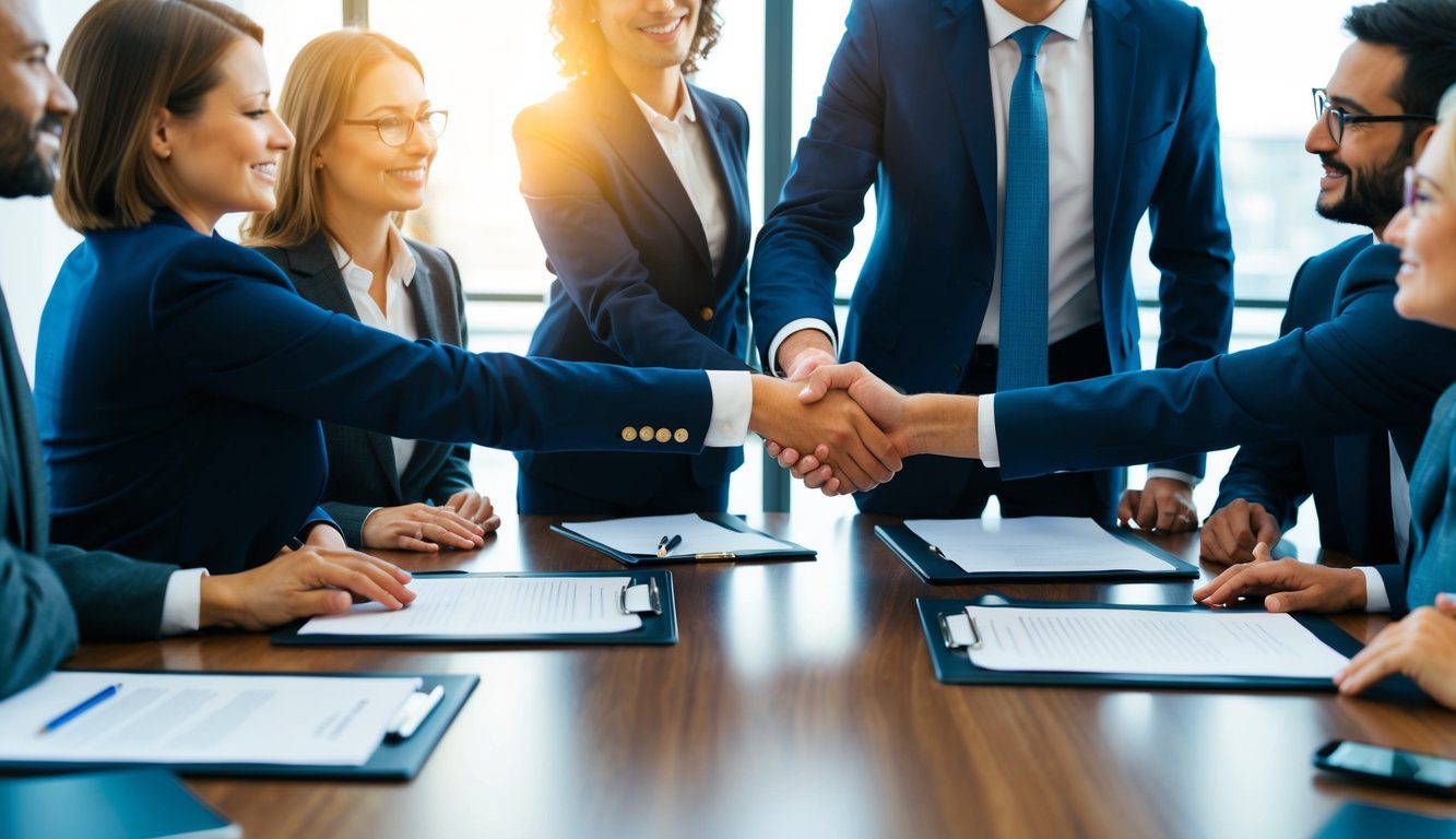 Un gruppo di persone in una sala conferenze che firmano documenti legali e si stringono la mano per formare una Societ&agrave; in Nome Collettivo - S.n.c nel 2025