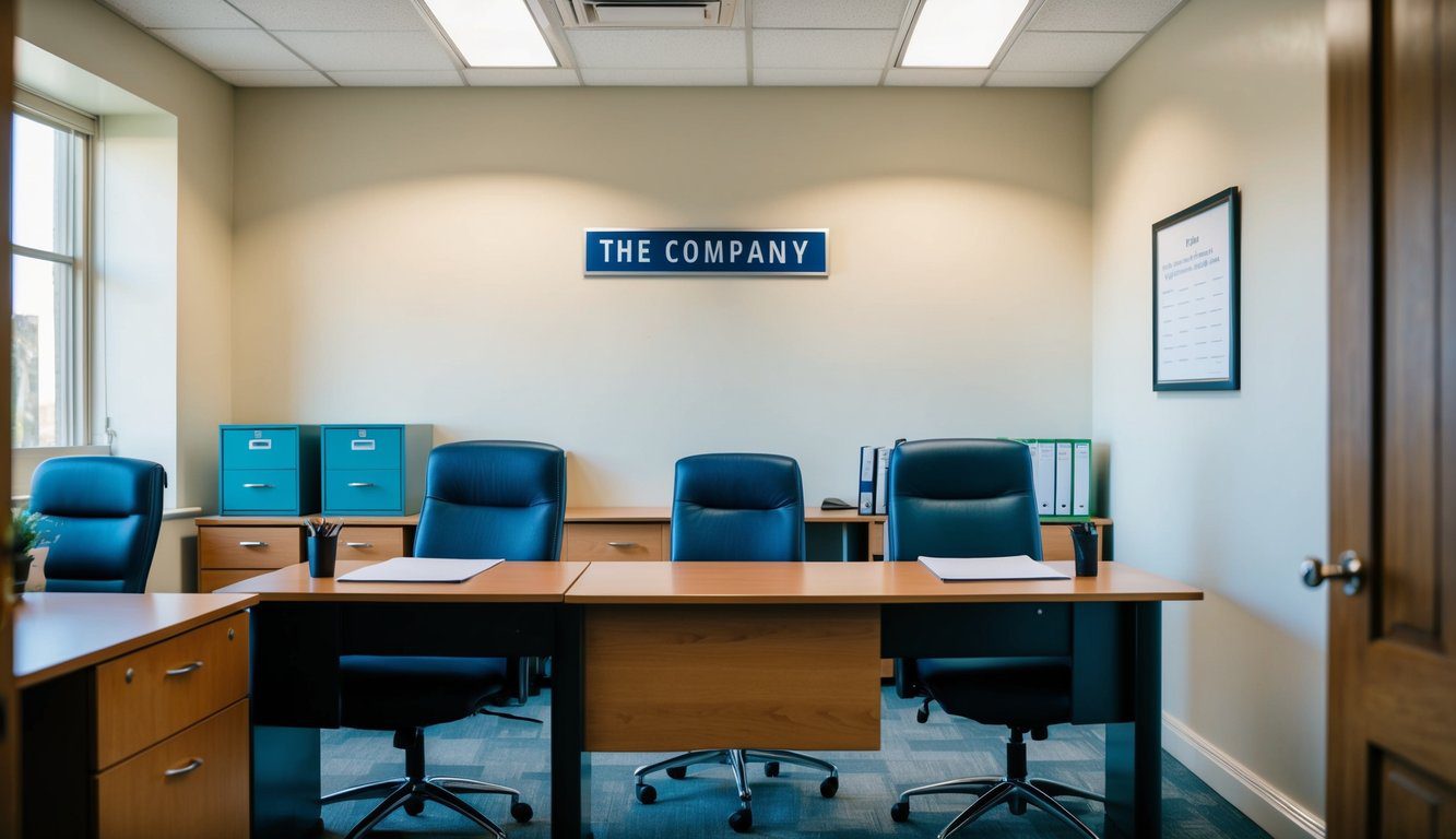 Un ambiente d'ufficio tradizionale con scrivanie, sedie e armadi per documenti. Un'insegna con il nome dell'azienda pende dal muro.