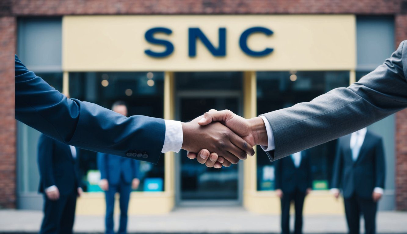 Un gruppo di figure che si stringono la mano davanti a un semplice negozio con le lettere "SNC" in evidenza