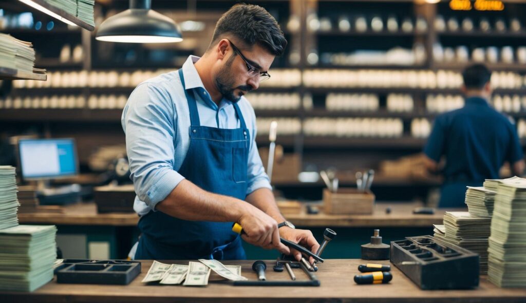 Commerciante che lavora nel suo negozio, mentre utilizza strumenti specifici del suo mestiere e tanti soldi. L'immagine trasmette professionalit&agrave; e dedizione.