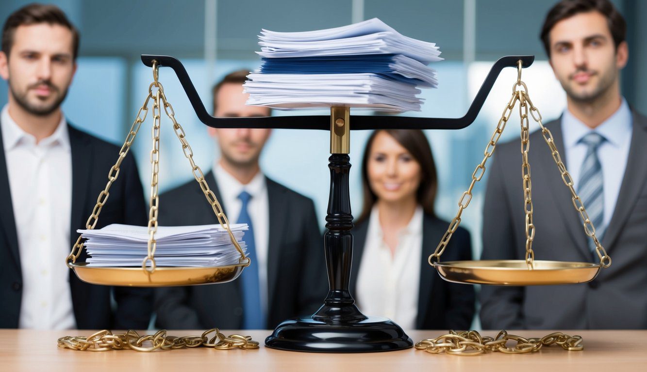 Una bilancia che equilibra una pila di documenti legali da un lato e un gruppo di individui dall'altro, con catene spezzate che simboleggiano un'autonomia patrimoniale imperfetta.