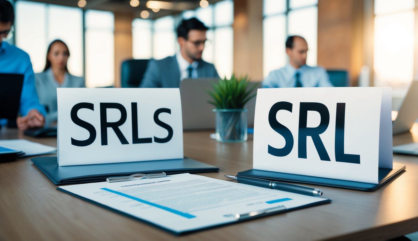 Differenze tra SRL e SRLS: Quali Sono, Cosa Comportano e Quale Scegliere? (2026) 3 Una scena d'ufficio vivace con due entità aziendali, una etichettata "SRLS" e l'altra "SRL," con documenti legali e un piano di transizione su una scrivania.