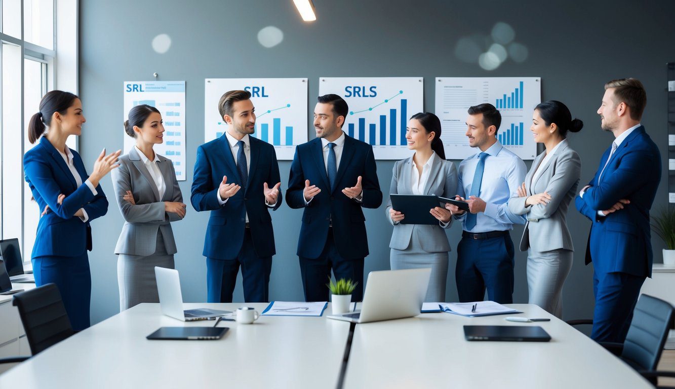 Differenze tra SRL e SRLS: Quali Sono, Cosa Comportano e Quale Scegliere? (2026) 2 Un gruppo di professionisti del settore che discutono le differenze tra SRL e SRLS in un ambiente d'ufficio moderno con grafici e diagrammi sulle pareti.