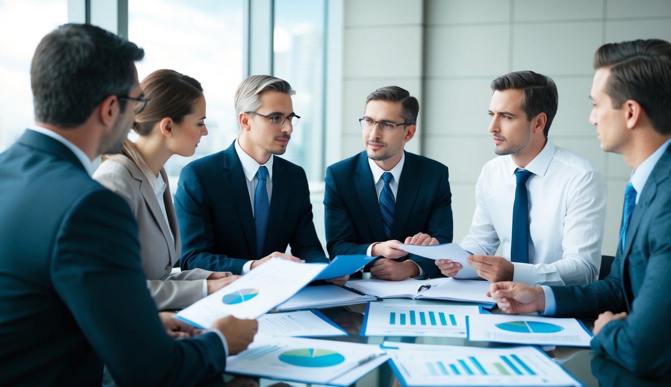 Un gruppo di individui che discutono questioni aziendali in un contesto formale, con documenti e grafici sparsi su un tavolo.