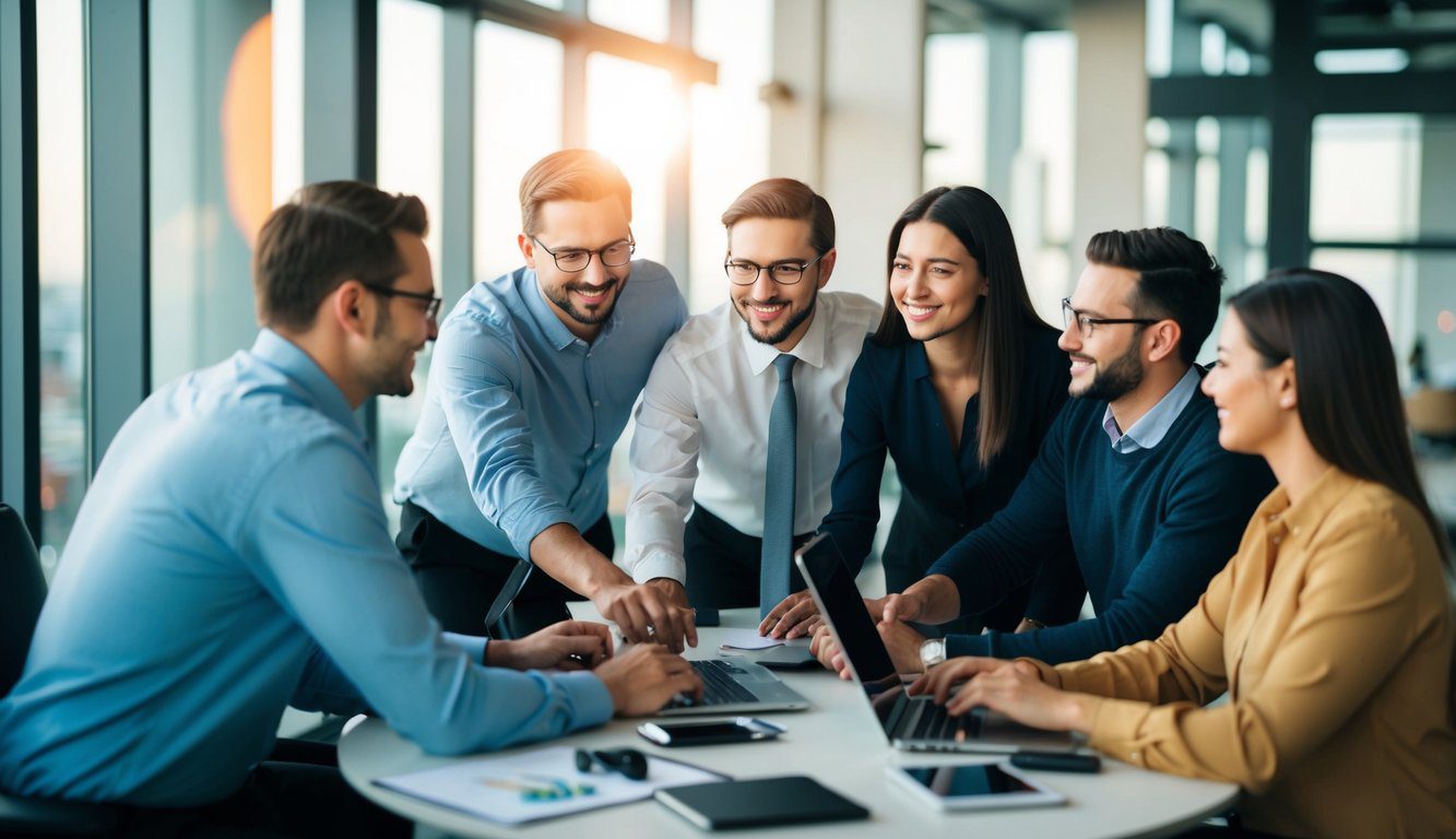 Un gruppo di persone che lavorano insieme, rappresentando un senso di collaborazione e responsabilit&agrave; sociale all'interno di un'azienda