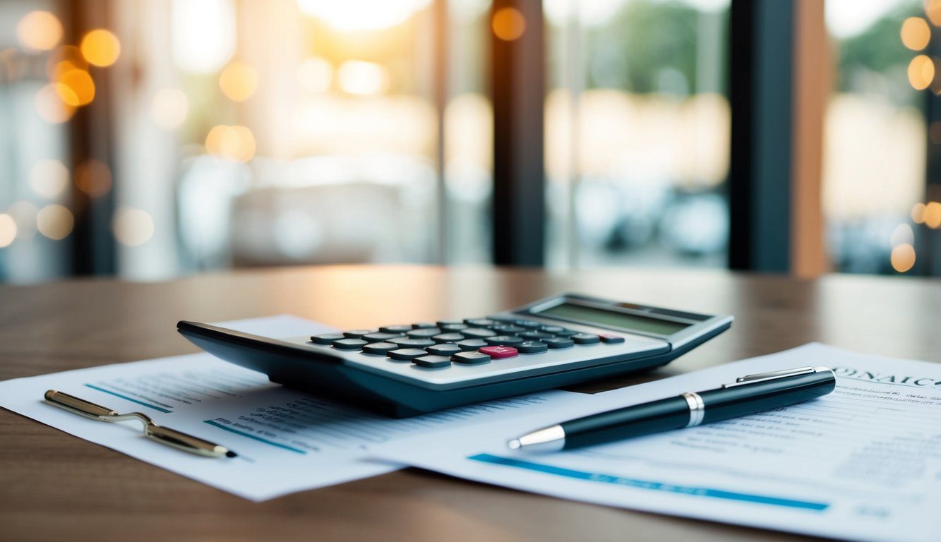 Un tavolo con documenti finanziari, calcolatrice e penna