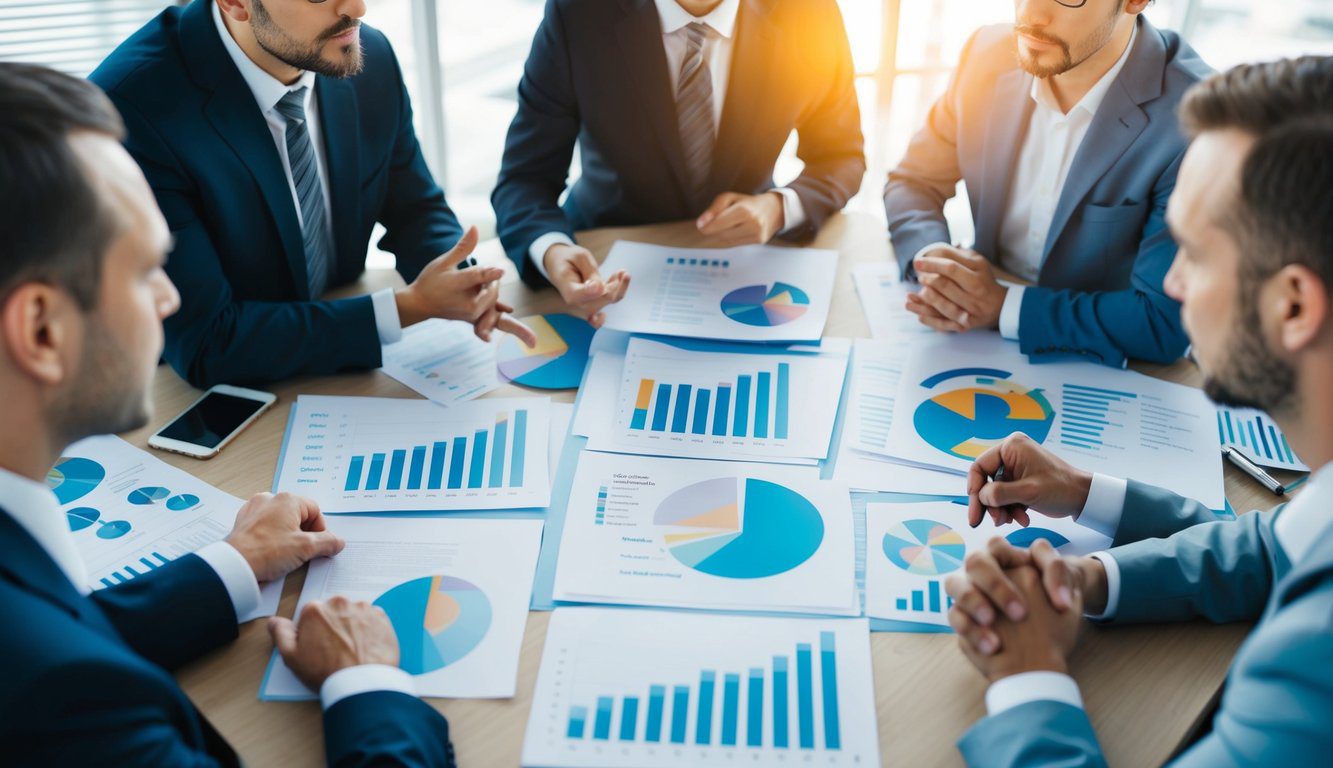 Un gruppo di partner commerciali che discutono i vantaggi e gli svantaggi di una semplice societ&agrave; di persone, circondati da grafici e diagrammi.