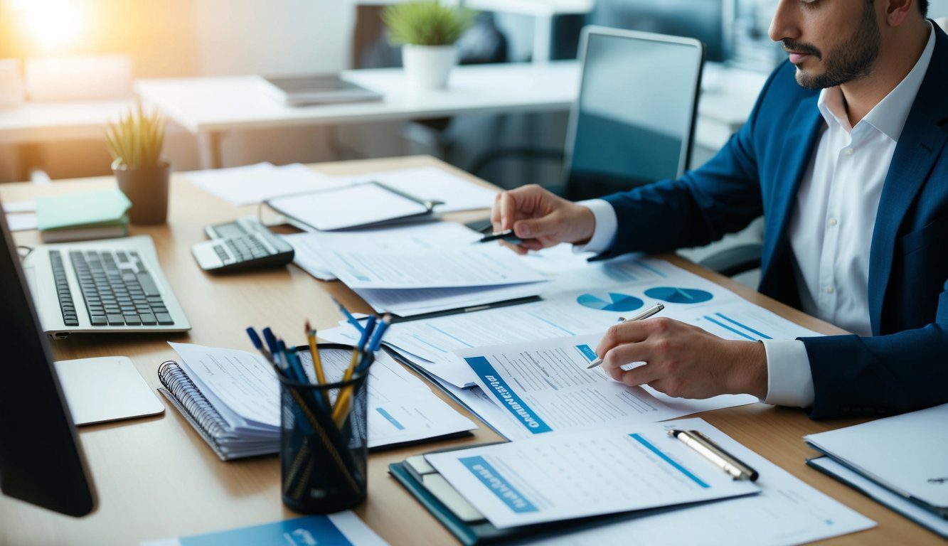 Una scrivania d'ufficio affollata con un computer, documenti e un calendario. Una persona &egrave; vista mentre gestisce vari documenti e adempie agli obblighi legali per la propria attivit&agrave; individuale.