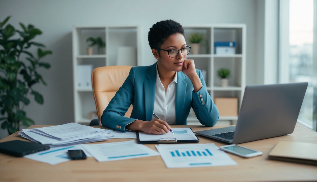 Una persona seduta a una scrivania, circondata da documenti e un laptop, che riflette tra una ditta individuale e una professione freelance.