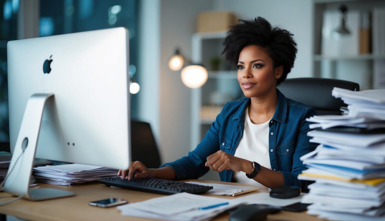 Un singolo individuo che lavora a una scrivania disordinata, con pile di documenti e un computer, che appare sopraffatto ma determinato