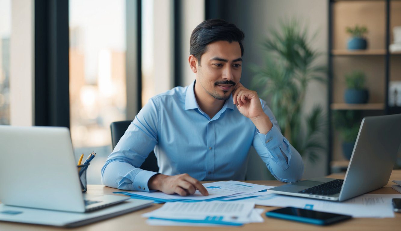 Una persona che lavora a una scrivania, circondata da documenti e un laptop, con un'espressione pensierosa sul volto mentre confronta diversi regimi fiscali per un'impresa individuale.