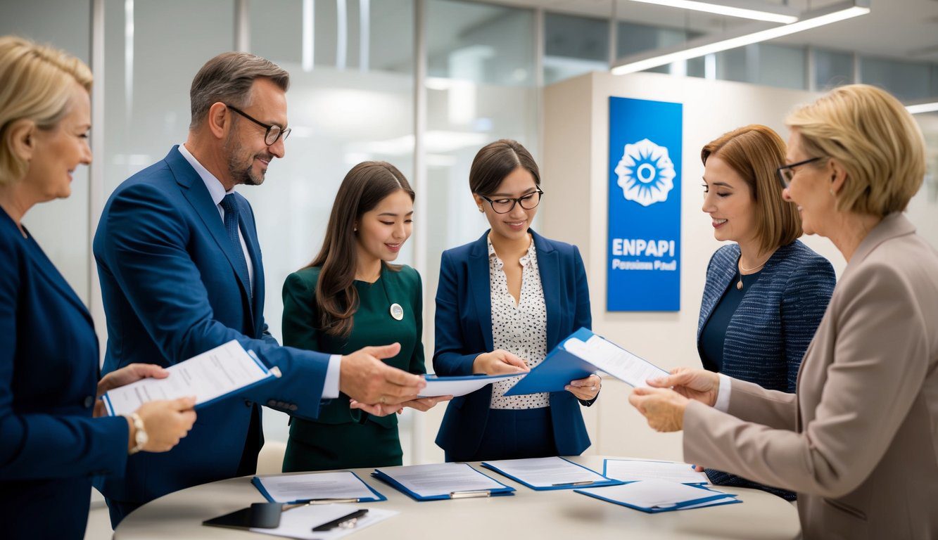 ENPAPI: Cos'è, Come Funziona, Soggetti Obbligati, Iscrizione, Contributi e Pensione (2026) 5 Un gruppo di persone che riceve informazioni e documenti da un rappresentante presso l'ufficio del fondo pensione Enpapi