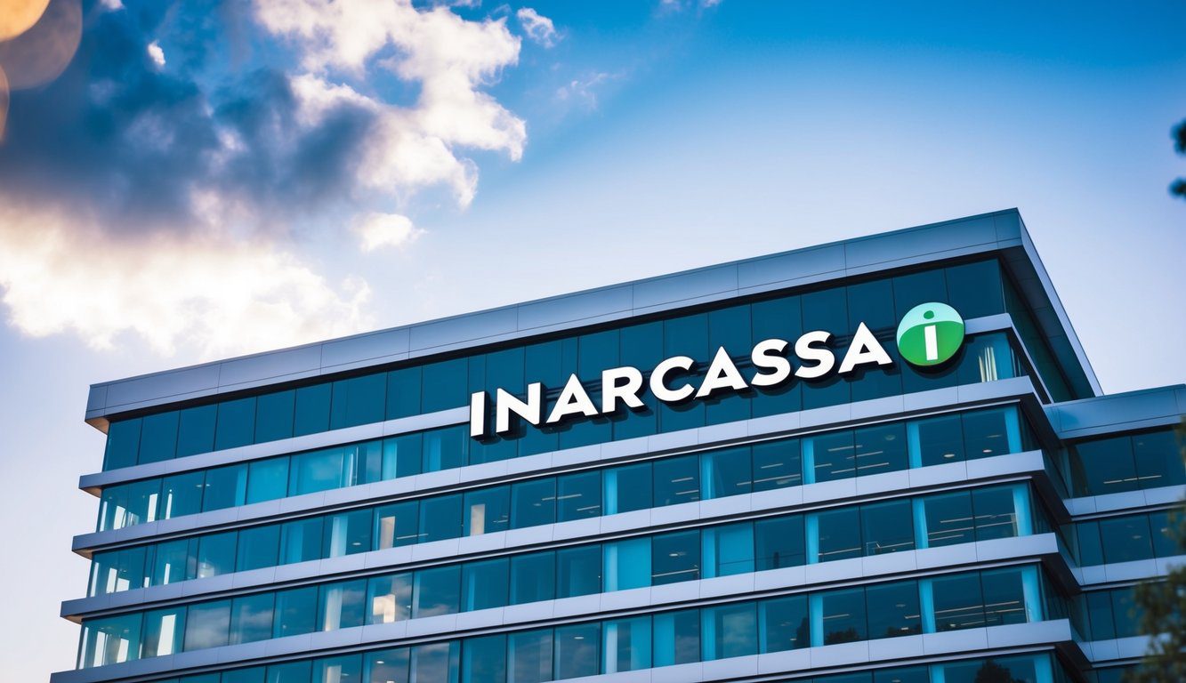 Un moderno edificio per uffici con un'architettura elegante e un logo prominente per Inarcassa esposto in modo evidente