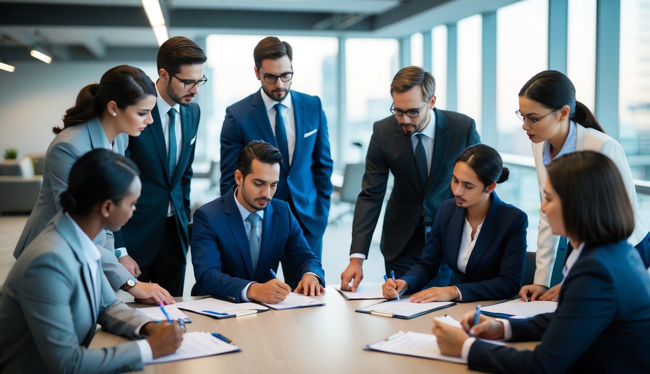 Un gruppo di professionisti si riunisce in un ambiente d'ufficio moderno, discutendo e compilando documenti relativi all'iscrizione obbligatoria all'Inarcassa.