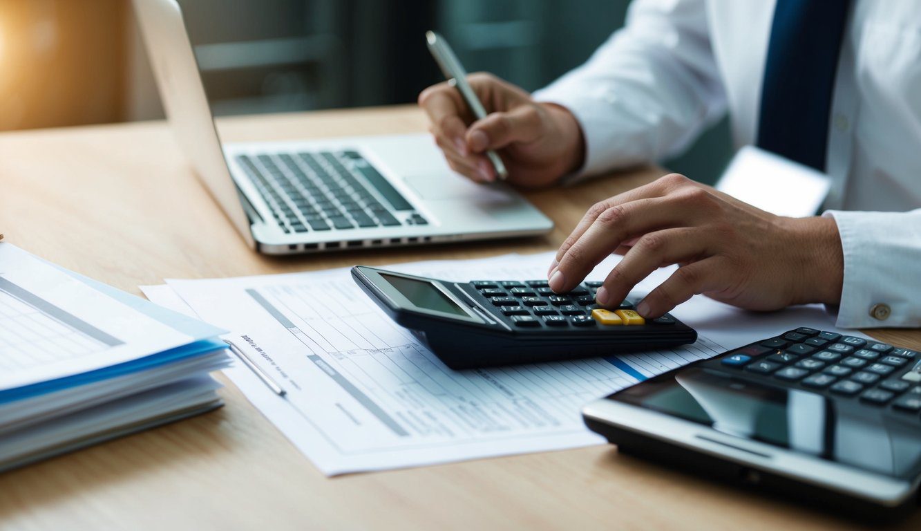 Una scrivania con un laptop, documenti e una calcolatrice. Una persona sta compilando moduli e facendo calcoli.