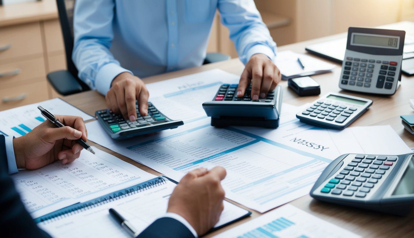 Un ufficio occupato con calcolatrici, documenti e un calendario che mostra le scadenze. Un commercialista sta lavorando al calcolo dei contributi e delle tasse per Inarcassa.