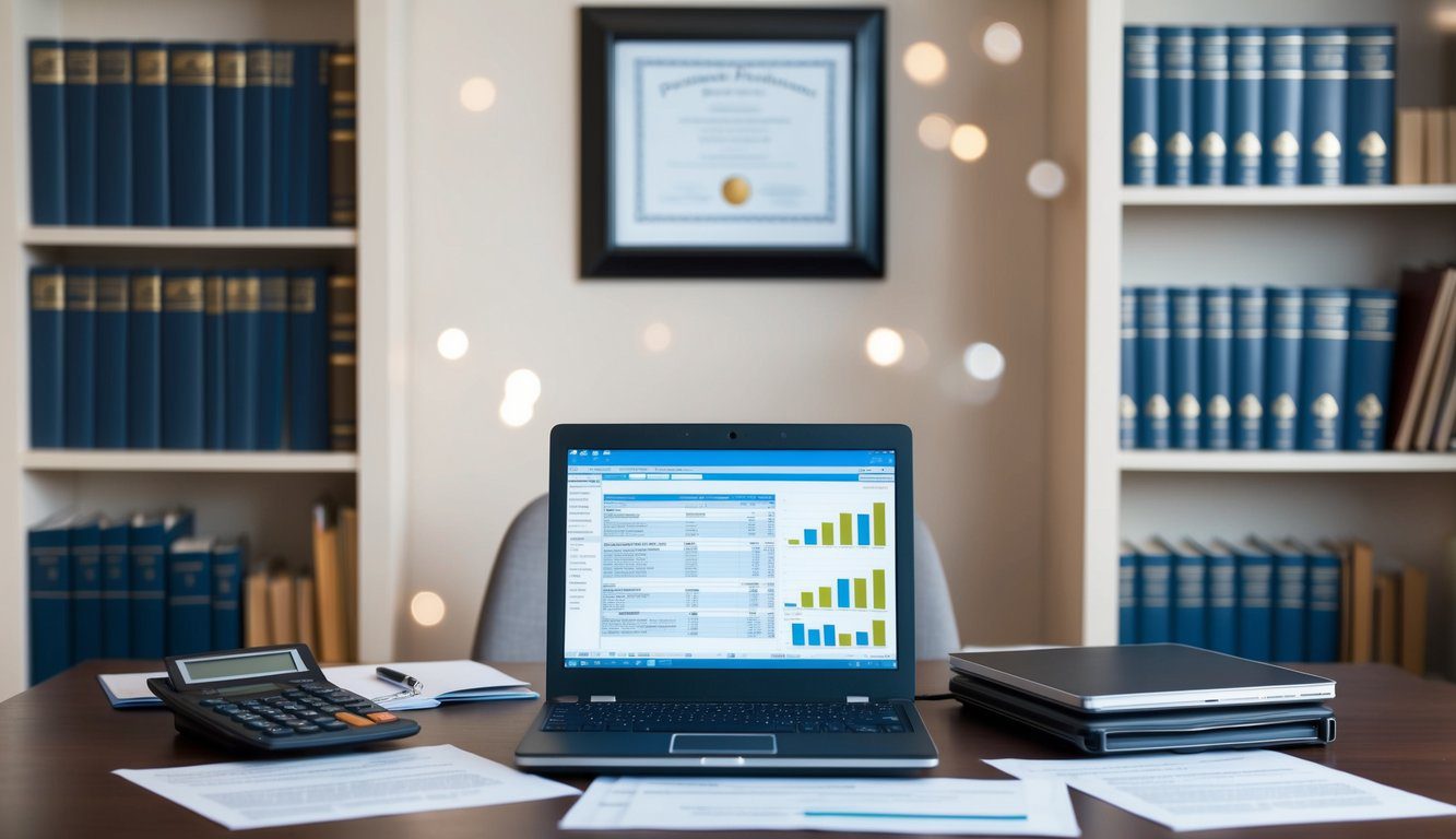 Una scrivania con una calcolatrice, documenti e un laptop, circondata da scaffali pieni di libri finanziari e legali. Un certificato incorniciato &egrave; appeso al muro.