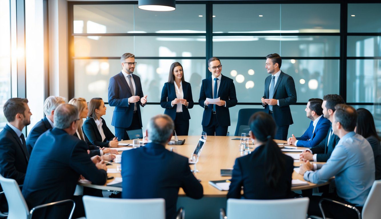 Differenze tra SpA e Srl: Quali Sono, Cosa Comportano e Quale Scegliere? (2026) 1 Una riunione di consiglio affollata con due gruppi di persone che discutono e confrontano le differenze tra le strutture aziendali SpA e Srl