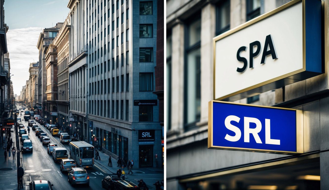 Differenze tra SpA e Srl: Quali Sono, Cosa Comportano e Quale Scegliere? (2026) 3 Una strada cittadina affollata con due edifici per uffici contrastanti, uno etichettato "SRL" e l'altro "SpA", che mostrano le differenze tra le due entità aziendali.
