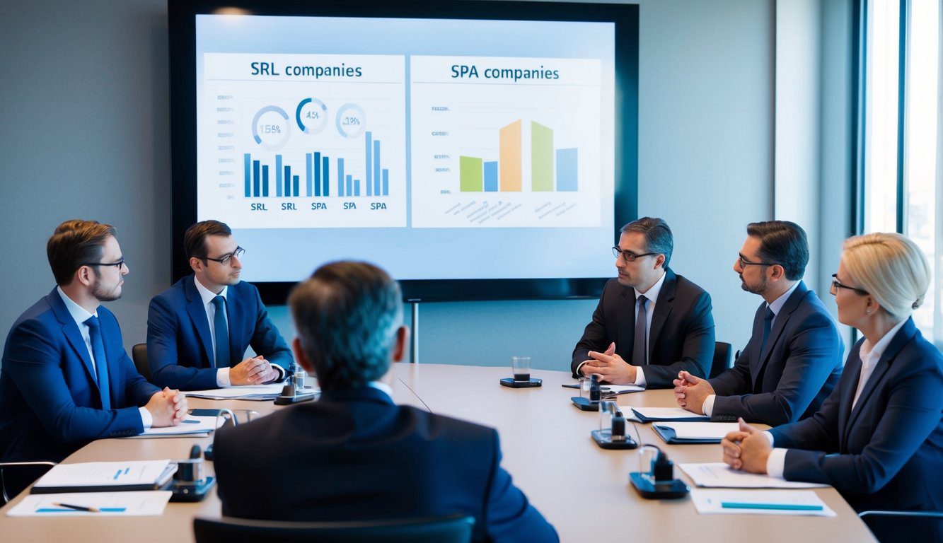 Differenze tra SpA e Srl: Quali Sono, Cosa Comportano e Quale Scegliere? (2026) 5 Una riunione di consiglio con due gruppi di professionisti che discutono le differenze tra le società Srl e SpA, con grafici e diagrammi mostrati su un grande schermo.