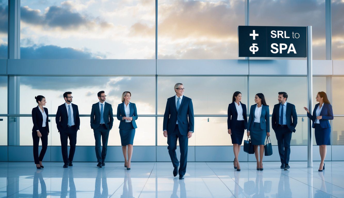 Differenze tra SpA e Srl: Quali Sono, Cosa Comportano e Quale Scegliere? (2026) 6 Un gruppo di imprenditori passa da una Srl a una SpA, simboleggiato da un'insegna che cambia su un elegante edificio per uffici.