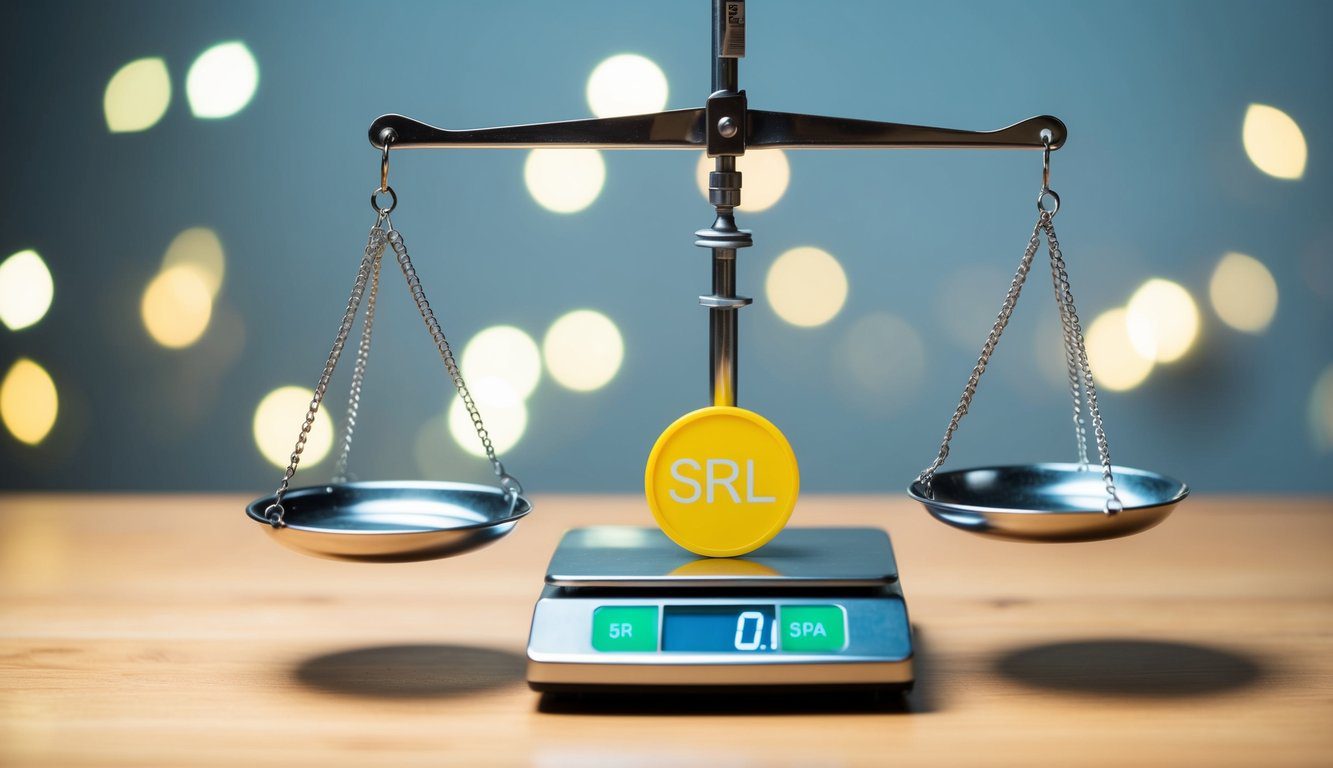 Differenze tra SpA e Srl: Quali Sono, Cosa Comportano e Quale Scegliere? (2026) 7 Una bilancia che pesa i simboli SRL e SPA, con l'SRL leggermente inclinato verso il basso