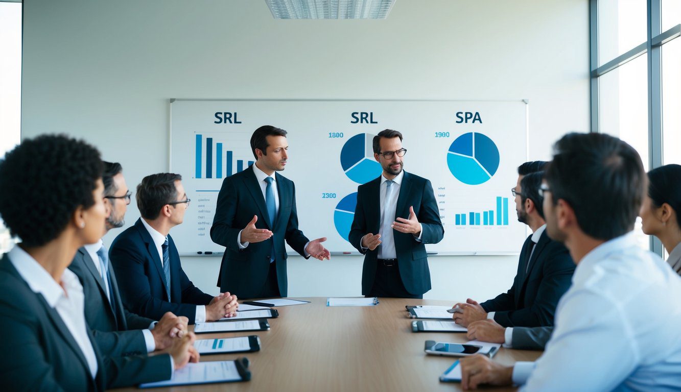 Differenze tra SpA e Srl: Quali Sono, Cosa Comportano e Quale Scegliere? (2026) 8 Un ambiente di sala riunioni con due gruppi di imprenditori che discutono e confrontano le differenze tra le società SRL e SpA. Grafici e diagrammi sono esposti su una lavagna.