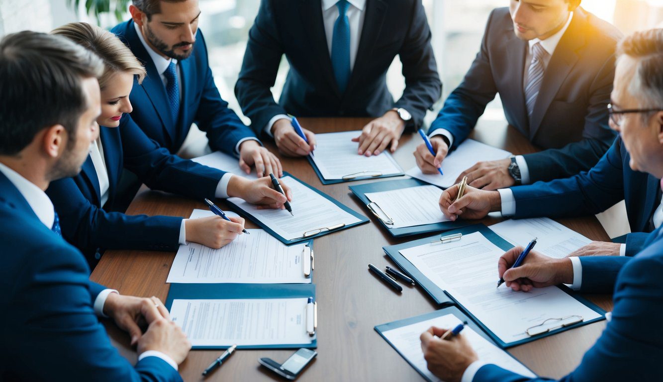 Un gruppo di professionisti si riunisce attorno a un tavolo, firmando documenti e discutendo dei loro obblighi nei confronti dell'ENPAB. Documenti e penne sono sparsi sul tavolo.