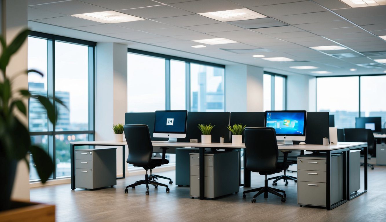 Uno spazio ufficio moderno con computer, scrivanie e armadietti per la documentazione