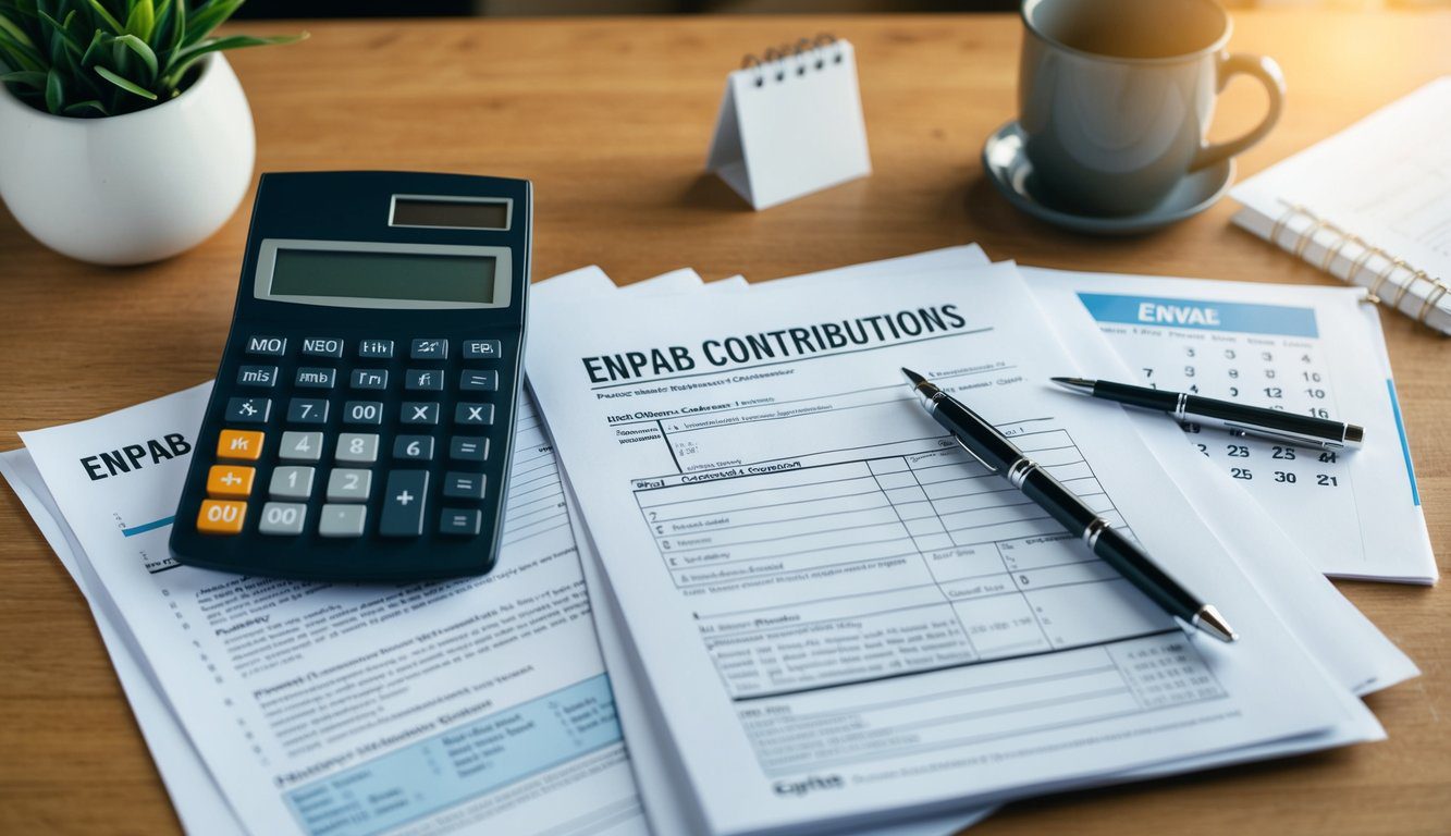 Una scrivania con una calcolatrice, moduli fiscali e un calendario, con una penna e documenti relativi ai contributi ENPAB sparsi intorno