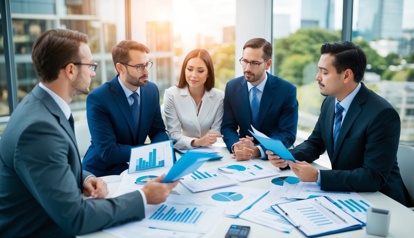 Un gruppo di professionisti che discute della deducibilit&agrave; fiscale, circondato da documenti finanziari e grafici