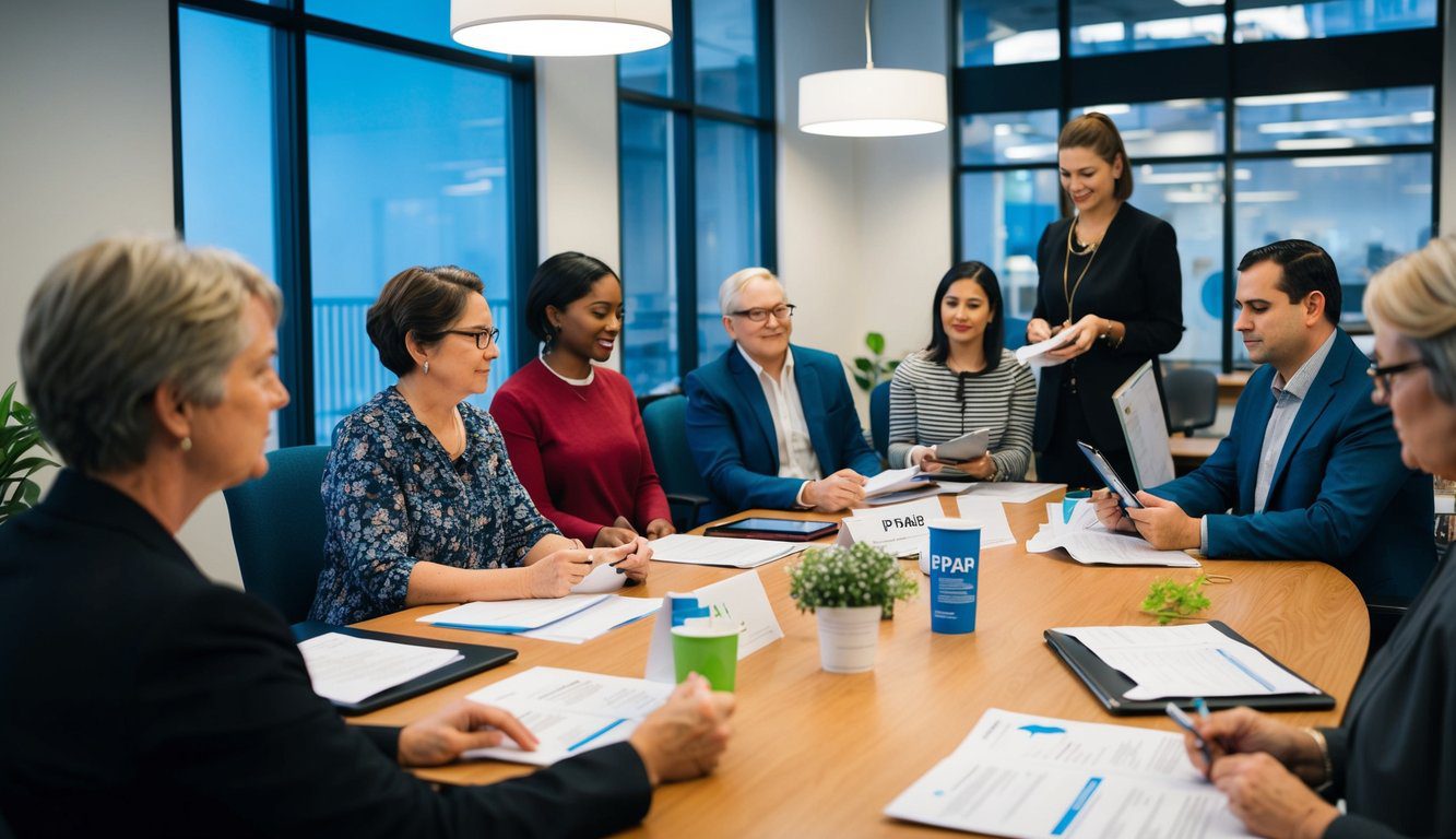 Un gruppo di persone che riceve vari servizi presso l'ufficio ENPAB, tra cui consulenze, pratiche burocratiche e sessioni informative.