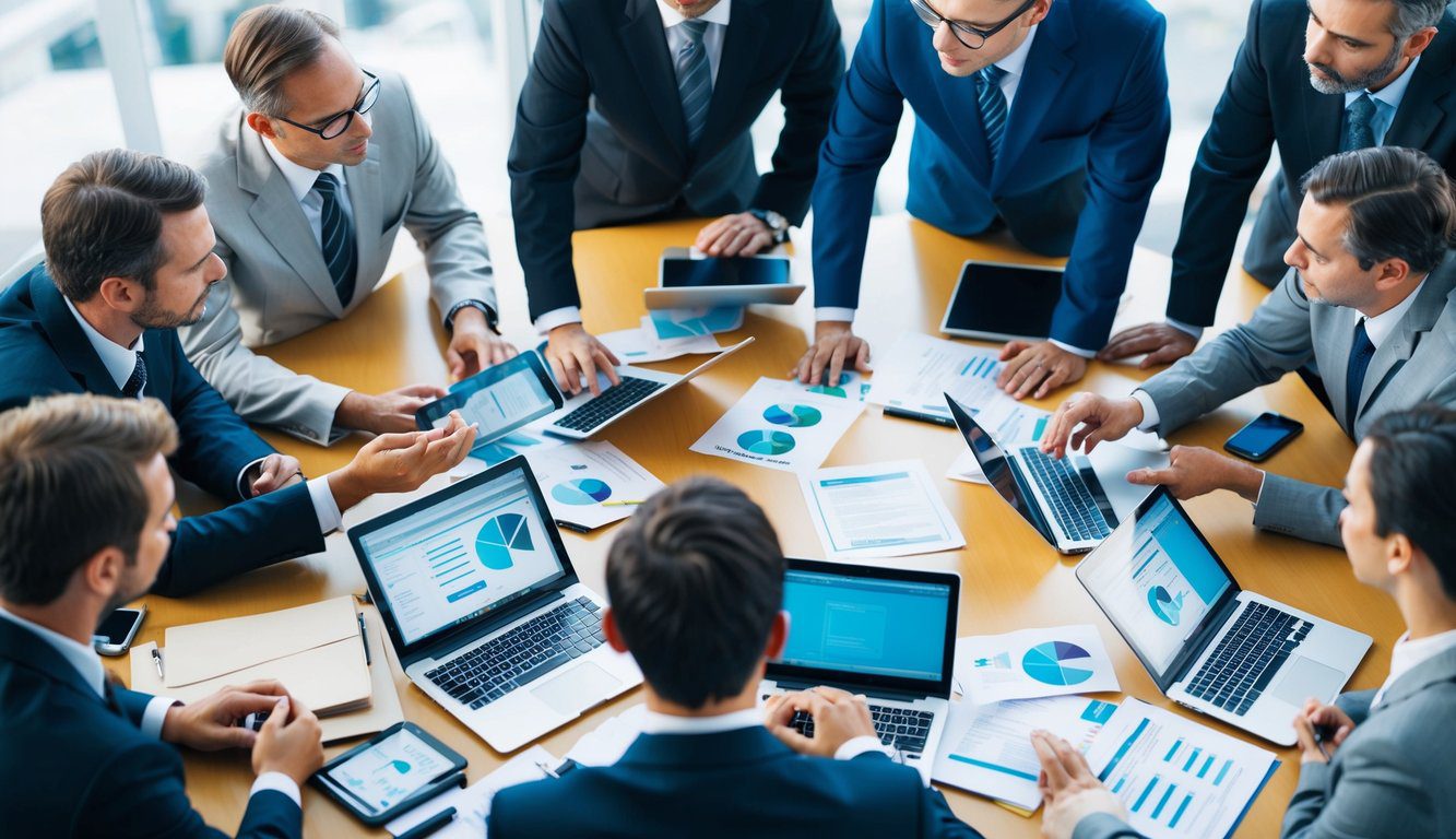 Un gruppo di professionisti si riunisce attorno a un tavolo, discutendo e scambiando informazioni su ENPAB, con documenti e laptop sparsi attorno.