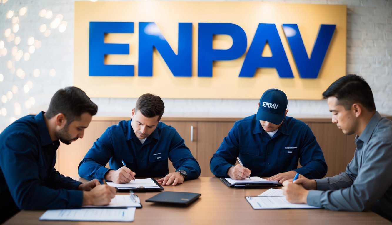 Un gruppo di lavoratori che compilano documenti a una scrivania, con un cartello per l'ENPAV esposto in modo prominente sullo sfondo.