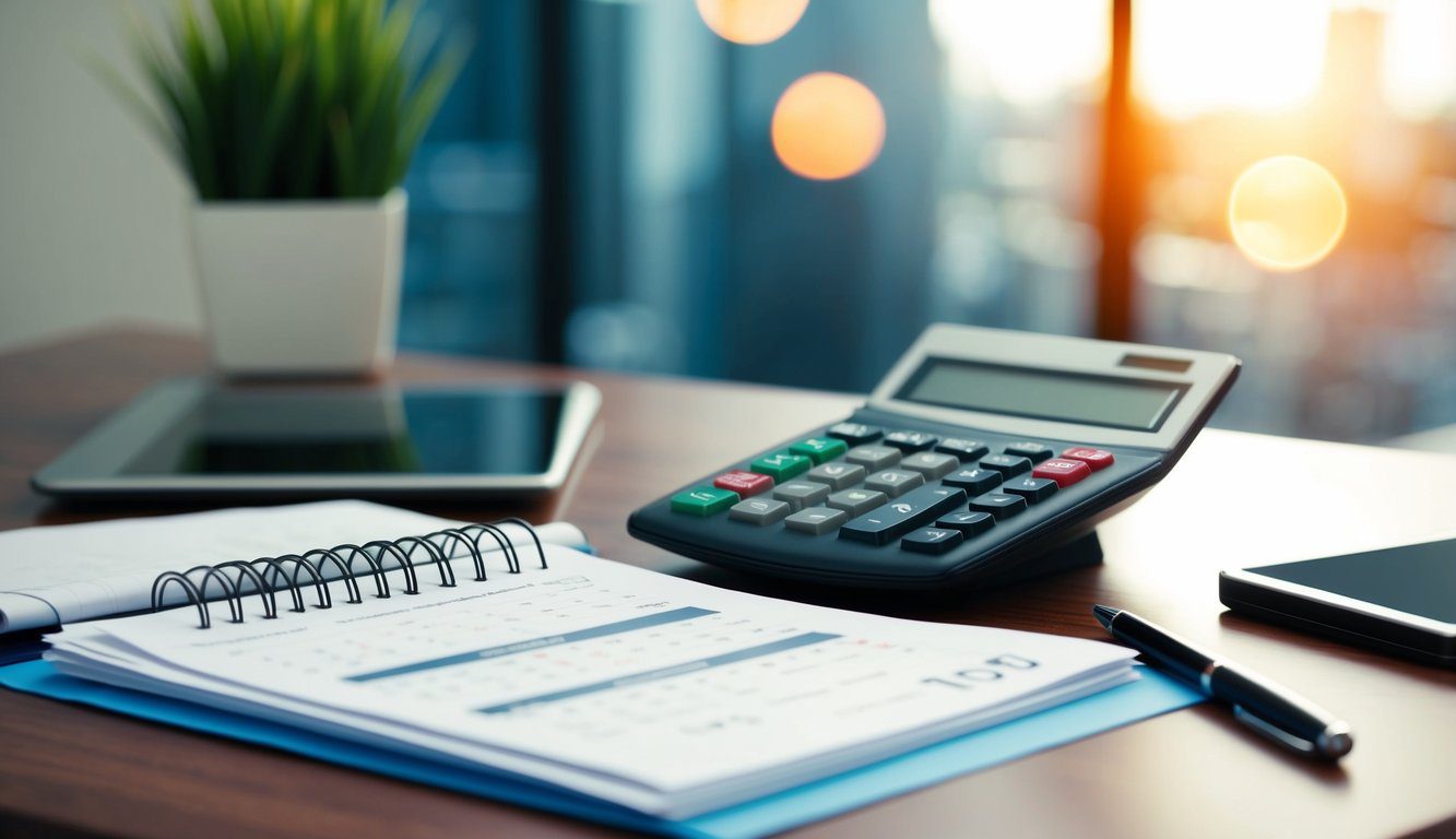 Una scrivania con una calcolatrice, documenti e un calendario che mostra date importanti