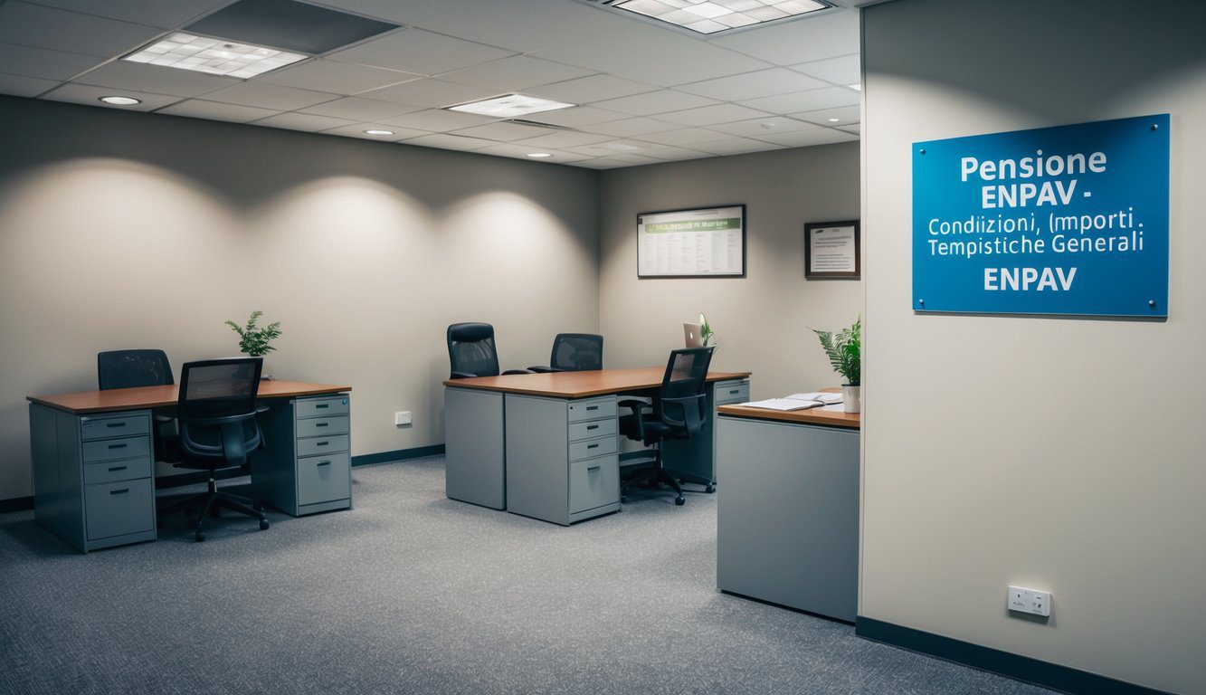 Un ufficio tranquillo con scrivanie, armadi per archiviazione e un'area reception. Un cartello con "Pensione ENPAV - Condizioni, Importi e Tempistiche Generali ENPAV" &egrave; appeso al muro.