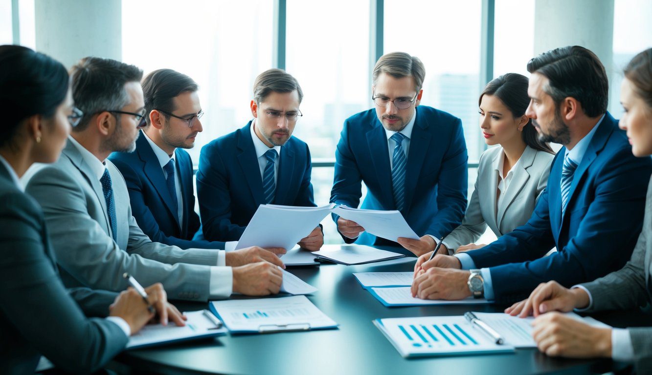 Un gruppo di professionisti si riunisce attorno a un tavolo, discutendo e scambiando documenti relativi all'ENPAF. L'atmosfera &egrave; seria e concentrata.