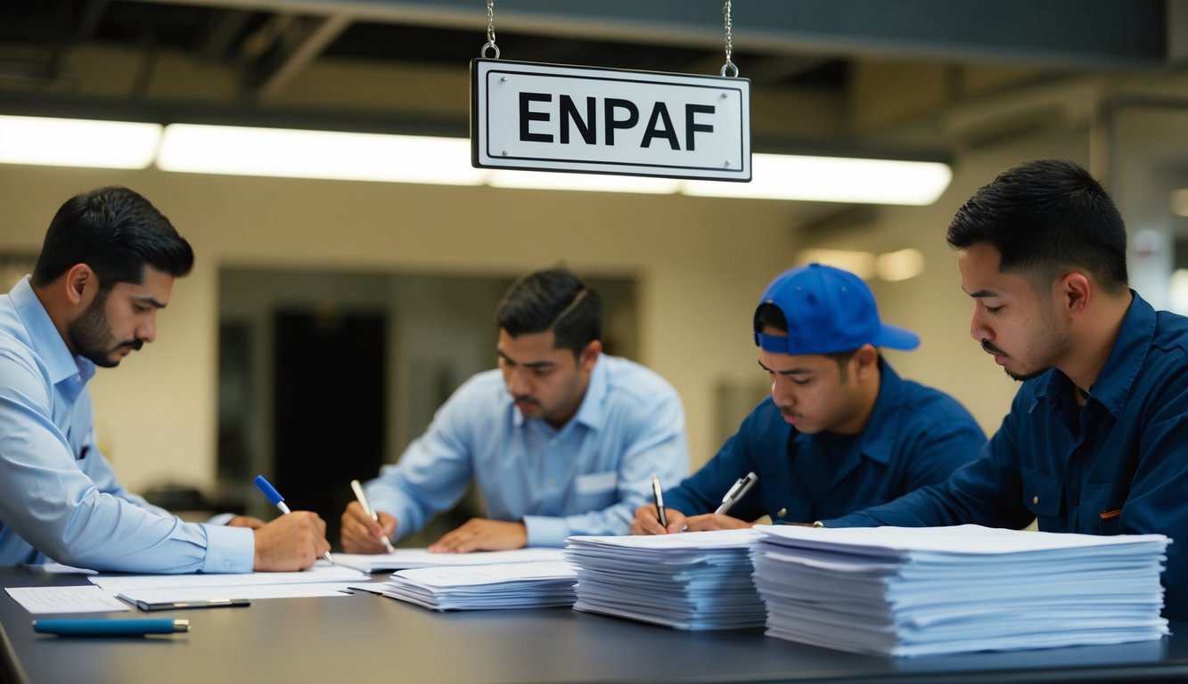 Un gruppo di lavoratori che compilano documenti a una scrivania, con un cartello sopra che dice "ENPAF." Una pila di moduli e una penna sono visibili.