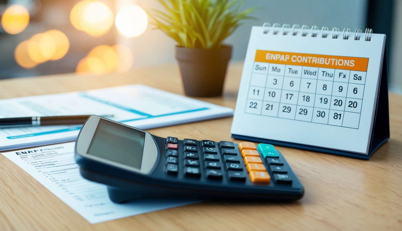 Una scrivania con una calcolatrice, moduli fiscali e un calendario che mostra le scadenze per i contributi ENPAF