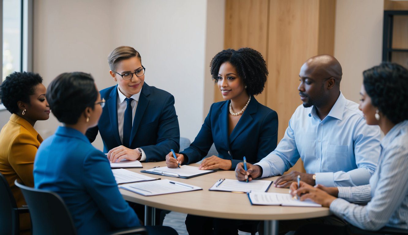 Un gruppo di persone sedute a un tavolo con documenti, che discutono e ricevono assistenza dai rappresentanti del programma ENPAF