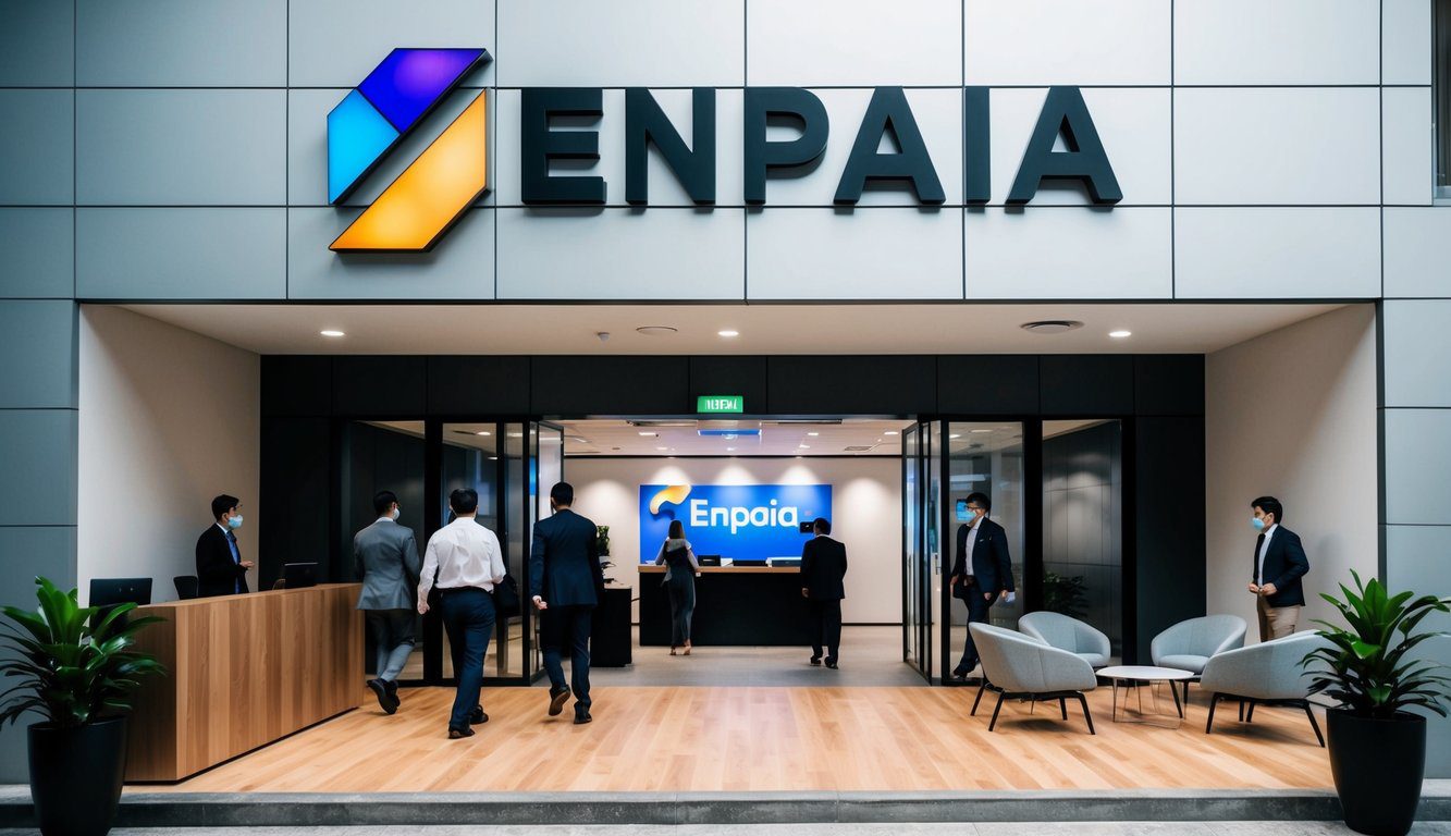 ENPAIA: Cos'è, Come Funziona, Soggetti Obbligati, Iscrizione, Servizi, Contributi, Durc e Pensione (2026) 1 Un moderno edificio per uffici con il logo ENPAIA, persone che entrano ed escono, e un'area reception con un banco e sedie.