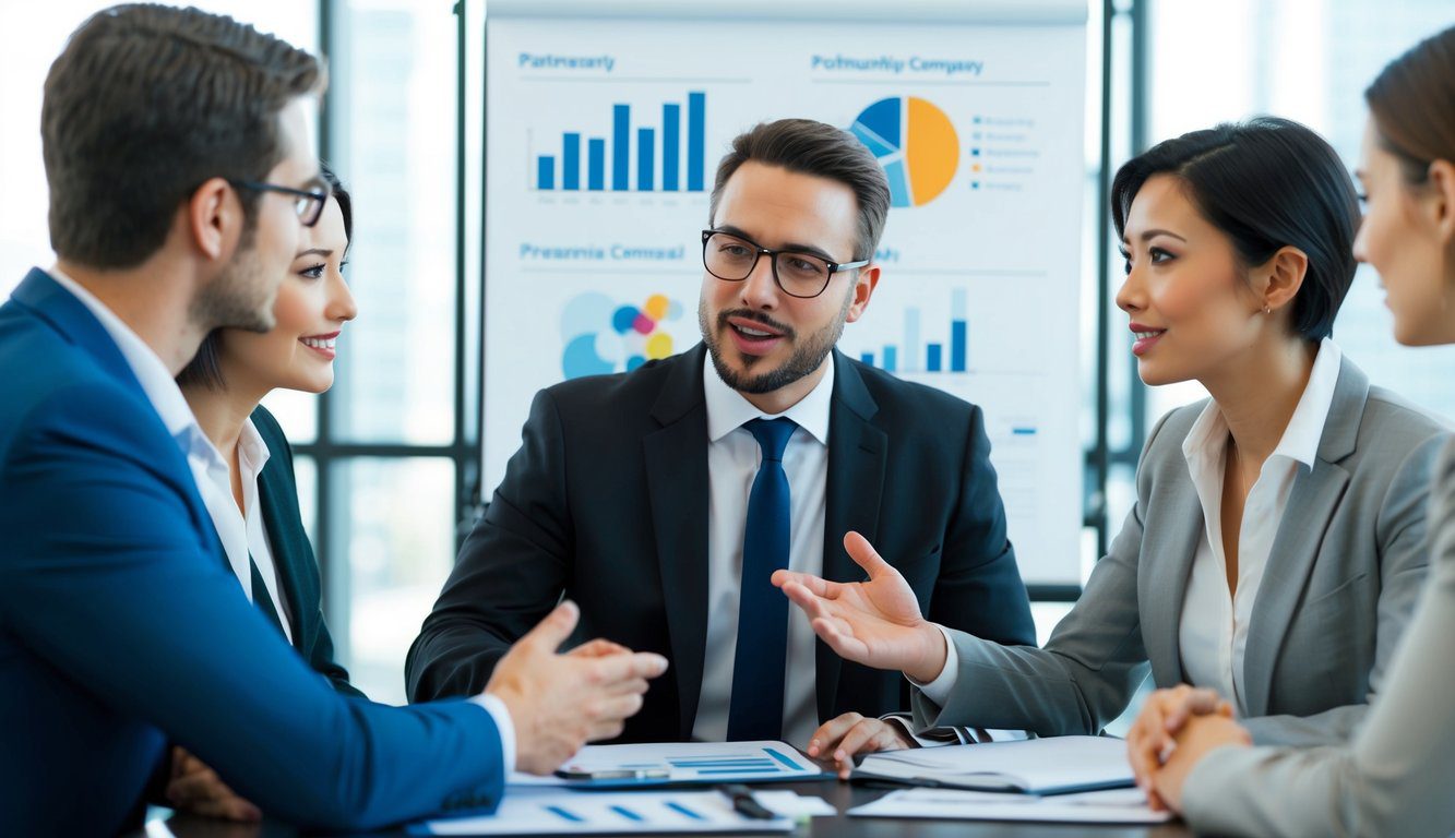 Un gruppo di tre individui impegnati in una discussione, ognuno dei quali rappresenta un diverso tipo di societ&agrave; di partnership, con grafici e diagrammi sullo sfondo.