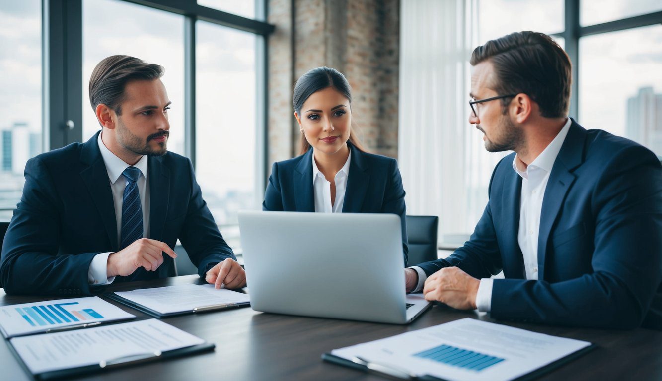 Tre persone discutono di affari a un tavolo, con documenti legali e un laptop presenti. L'atmosfera &egrave; professionale e concentrata.