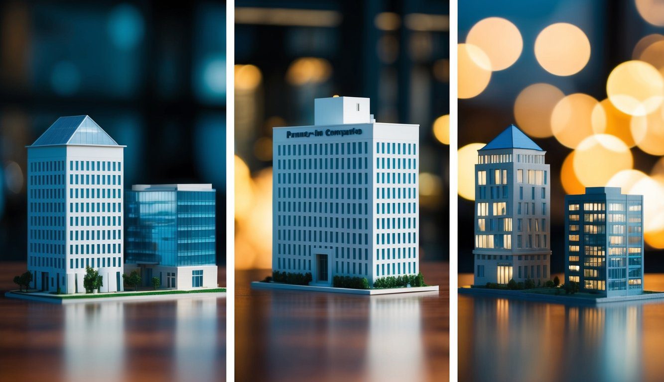 Un gruppo di tre edifici distinti che rappresentano diversi tipi di societ&agrave; di partnership