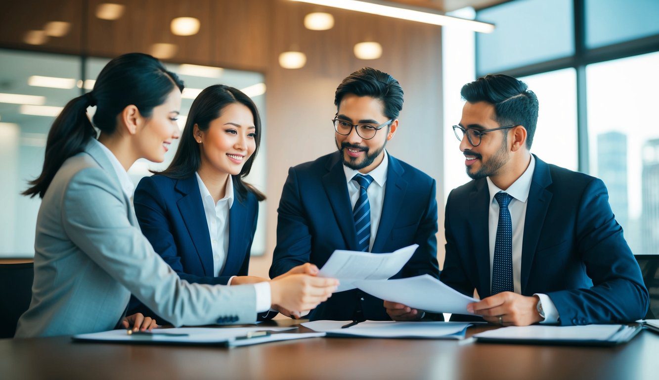 Un gruppo di tre individui che discutono e scambiano documenti in un ambiente d'ufficio professionale