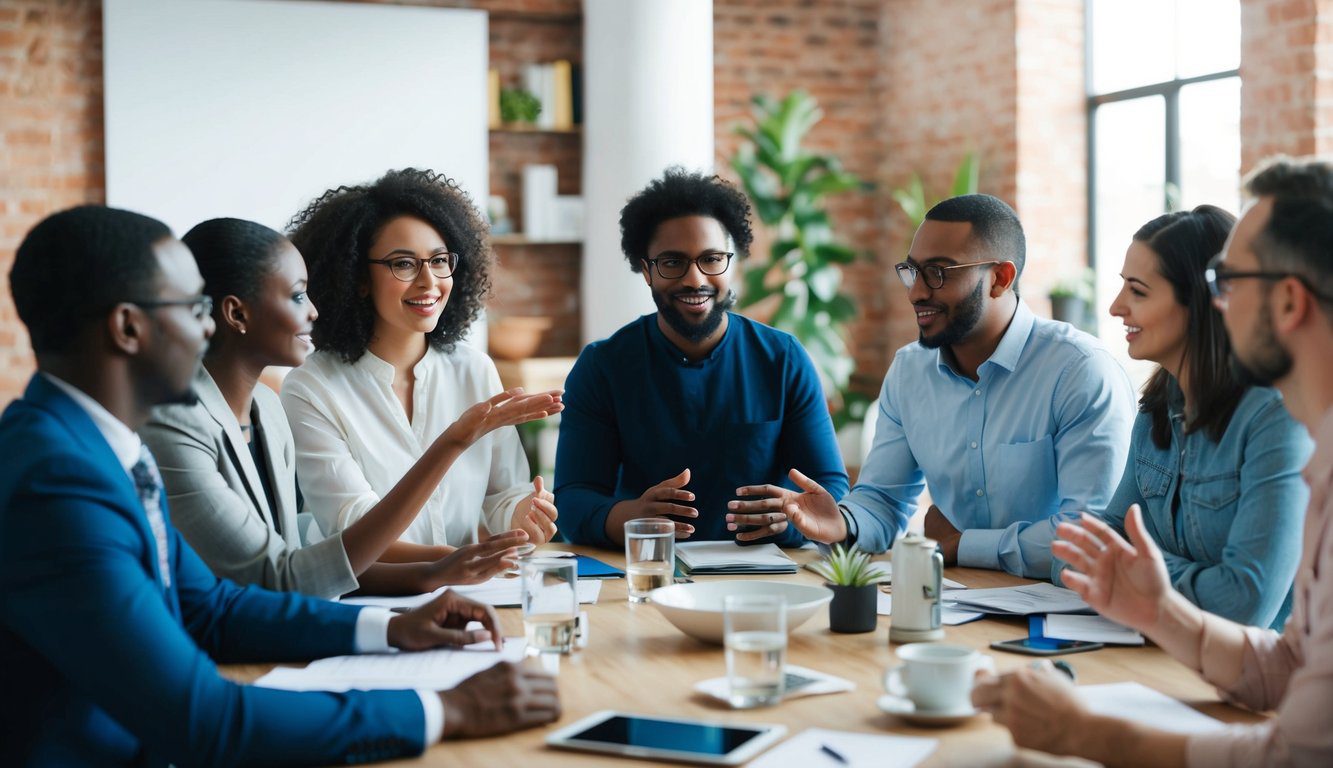 Un gruppo di individui diversi partecipa a una vivace discussione, ognuno esprimendo le proprie prospettive e idee uniche. L'atmosfera &egrave; collaborativa e dinamica, con tutti che partecipano attivamente.