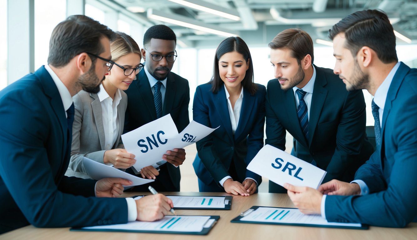Un gruppo di persone in abbigliamento formale che discutono e confrontano documenti etichettati "SNC" e "SRL" in un moderno ambiente d'ufficio.