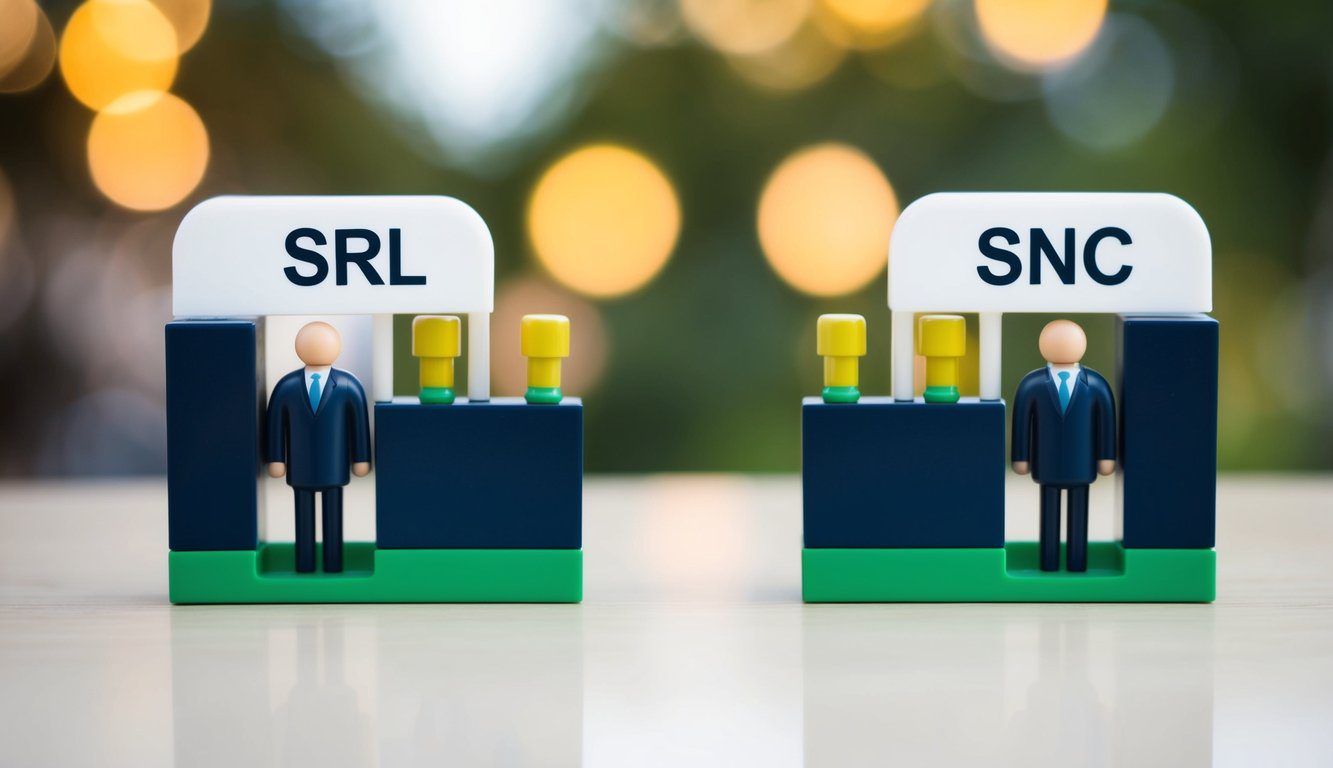 Due entit&agrave; aziendali, Srl e Snc, rappresentate affiancate con caratteristiche e attributi contrastanti per illustrare le loro differenze e le ragioni per scegliere l'una rispetto all'altra.