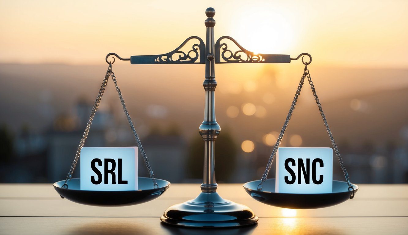 Una bilancia che pesa i pro e i contro di SRL e SNC, con SRL da un lato e SNC dall'altro, simboleggiando il processo decisionale per scegliere la forma giuridica appropriata in Italia.