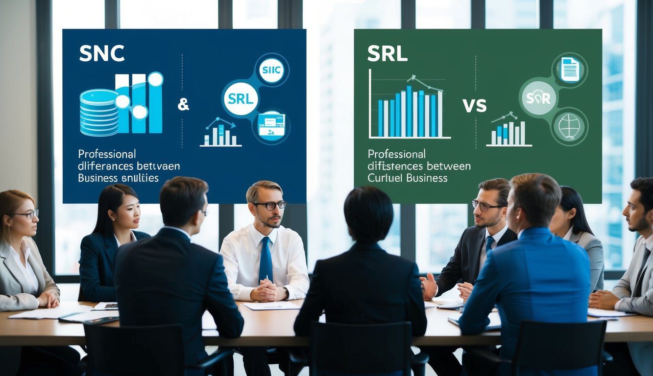 Un gruppo di persone che discutono e confrontano due entit&agrave; aziendali, con elementi visivi come grafici e diagrammi per illustrare le differenze tra SNC e SRL